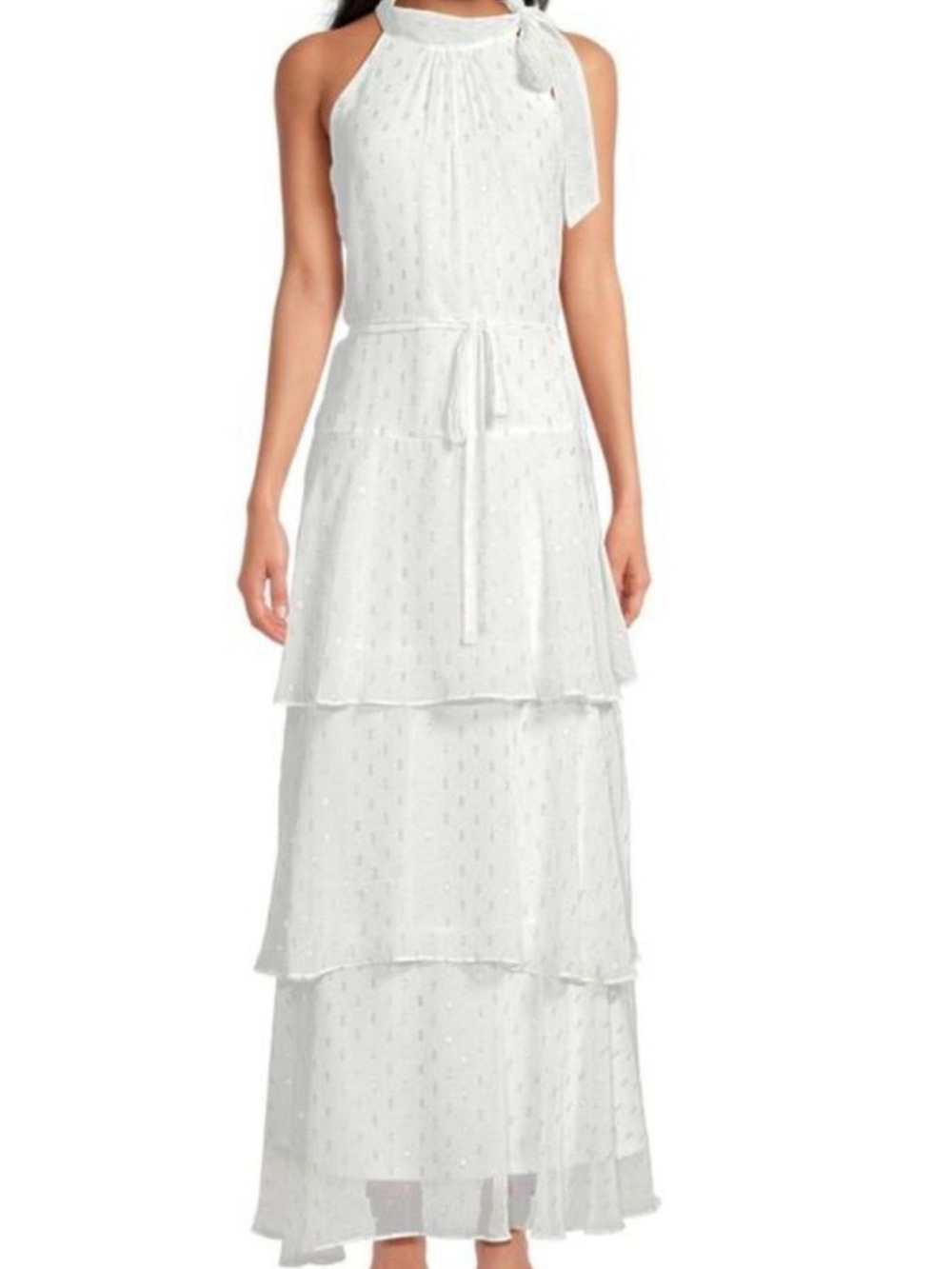 Tiered Halter Maxi Dress with Self-Tie Waist in White
